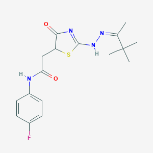 2-[2-[(2Z)-2-(3,3-dimethylbutan-2-ylidene)hydrazinyl]-4-oxo-1,3-thiazol-5-yl]-N-(4-fluorophenyl)acetamide
