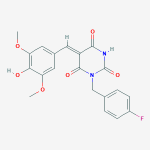 molecular formula C20H17FN2O6 B397826 (5Z)-3-(4-fluorobenzyl)-6-hydroxy-5-(4-hydroxy-3,5-dimethoxybenzylidene)pyrimidine-2,4(3H,5H)-dione 