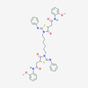 molecular formula C42H44N6O6S2 B397844 2-[3-{6-[5-[2-(2-methoxyanilino)-2-oxoethyl]-4-oxo-2-(phenylimino)-1,3-thiazolidin-3-yl]hexyl}-4-oxo-2-(phenylimino)-1,3-thiazolidin-5-yl]-N-(2-methoxyphenyl)acetamide 