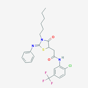 molecular formula C24H25ClF3N3O2S B397846 N-[2-chloro-5-(trifluoromethyl)phenyl]-2-[3-hexyl-4-oxo-2-(phenylimino)-1,3-thiazolidin-5-yl]acetamide 