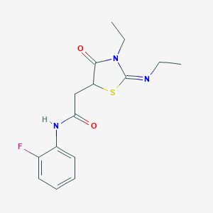 (E)-2-(3-ethyl-2-(ethylimino)-4-oxothiazolidin-5-yl)-N-(2-fluorophenyl)acetamide