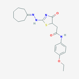 molecular formula C20H26N4O3S B397892 2-[2-(2-cycloheptylidenehydrazinyl)-4-oxo-1,3-thiazol-5-yl]-N-(4-ethoxyphenyl)acetamide 