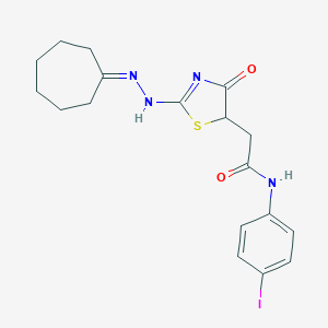 molecular formula C18H21IN4O2S B397898 2-[2-(2-cycloheptylidenehydrazinyl)-4-oxo-1,3-thiazol-5-yl]-N-(4-iodophenyl)acetamide 