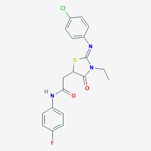 molecular formula C19H17ClFN3O2S B397899 2-{2-[(4-chlorophenyl)imino]-3-ethyl-4-oxo-1,3-thiazolidin-5-yl}-N-(4-fluorophenyl)acetamide 