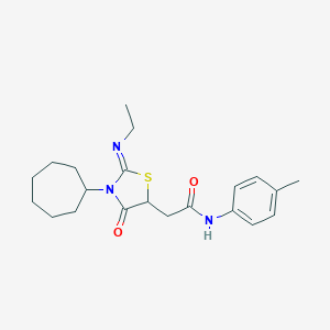 molecular formula C21H29N3O2S B397900 2-[3-cycloheptyl-2-(ethylimino)-4-oxo-1,3-thiazolidin-5-yl]-N-(4-methylphenyl)acetamide 