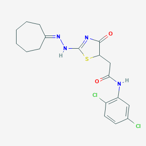 molecular formula C18H20Cl2N4O2S B397902 2-[2-(2-cycloheptylidenehydrazinyl)-4-oxo-1,3-thiazol-5-yl]-N-(2,5-dichlorophenyl)acetamide 