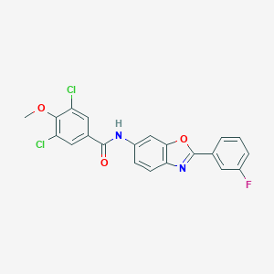 molecular formula C21H13Cl2FN2O3 B397908 3,5-dichloro-N-[2-(3-fluorophenyl)-1,3-benzoxazol-6-yl]-4-methoxybenzamide 