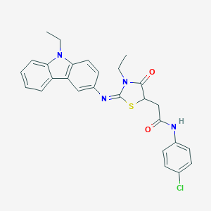 molecular formula C27H25ClN4O2S B397911 N-(4-chlorophenyl)-2-{3-ethyl-2-[(9-ethyl-9H-carbazol-3-yl)imino]-4-oxo-1,3-thiazolidin-5-yl}acetamide 