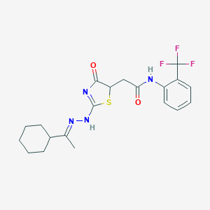 molecular formula C20H23F3N4O2S B397924 2-[2-[(2E)-2-(1-cyclohexylethylidene)hydrazinyl]-4-oxo-1,3-thiazol-5-yl]-N-[2-(trifluoromethyl)phenyl]acetamide 