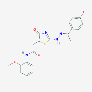 molecular formula C20H19FN4O3S B397928 2-[2-[(2E)-2-[1-(4-fluorophenyl)ethylidene]hydrazinyl]-4-oxo-1,3-thiazol-5-yl]-N-(2-methoxyphenyl)acetamide 