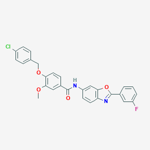 molecular formula C28H20ClFN2O4 B397929 4-[(4-chlorobenzyl)oxy]-N-[2-(3-fluorophenyl)-1,3-benzoxazol-6-yl]-3-methoxybenzamide 