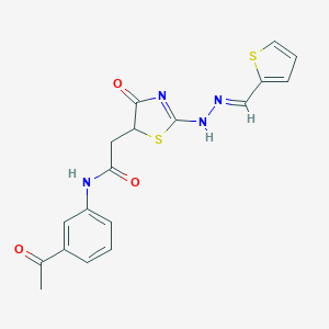molecular formula C18H16N4O3S2 B397935 N-(3-acetylphenyl)-2-[4-oxo-2-[(2E)-2-(thiophen-2-ylmethylidene)hydrazinyl]-1,3-thiazol-5-yl]acetamide 