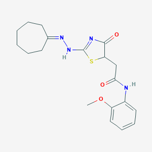 molecular formula C19H24N4O3S B397937 2-[2-(2-cycloheptylidenehydrazinyl)-4-oxo-1,3-thiazol-5-yl]-N-(2-methoxyphenyl)acetamide 