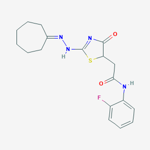 molecular formula C18H21FN4O2S B397938 2-[2-(2-cycloheptylidenehydrazinyl)-4-oxo-1,3-thiazol-5-yl]-N-(2-fluorophenyl)acetamide 
