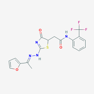 2-[2-[(2E)-2-[1-(furan-2-yl)ethylidene]hydrazinyl]-4-oxo-1,3-thiazol-5-yl]-N-[2-(trifluoromethyl)phenyl]acetamide