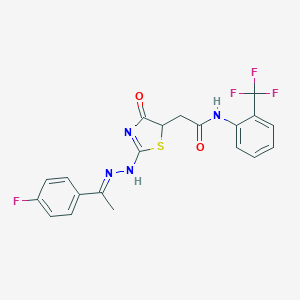 molecular formula C20H16F4N4O2S B397941 2-[2-[(2E)-2-[1-(4-fluorophenyl)ethylidene]hydrazinyl]-4-oxo-1,3-thiazol-5-yl]-N-[2-(trifluoromethyl)phenyl]acetamide 