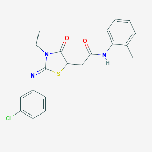 molecular formula C21H22ClN3O2S B397979 2-{2-[(3-chloro-4-methylphenyl)imino]-3-ethyl-4-oxo-1,3-thiazolidin-5-yl}-N-(2-methylphenyl)acetamide 