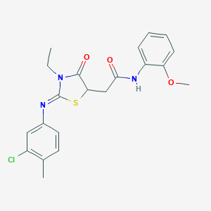 molecular formula C21H22ClN3O3S B397980 2-{2-[(3-chloro-4-methylphenyl)imino]-3-ethyl-4-oxo-1,3-thiazolidin-5-yl}-N-(2-methoxyphenyl)acetamide 