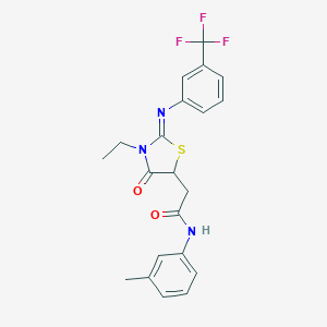 molecular formula C21H20F3N3O2S B397985 2-(3-ethyl-4-oxo-2-{[3-(trifluoromethyl)phenyl]imino}-1,3-thiazolidin-5-yl)-N-(3-methylphenyl)acetamide 