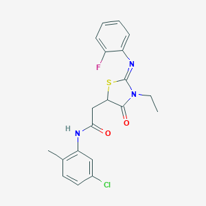 molecular formula C20H19ClFN3O2S B397988 N-(5-chloro-2-methylphenyl)-2-{3-ethyl-2-[(2-fluorophenyl)imino]-4-oxo-1,3-thiazolidin-5-yl}acetamide 