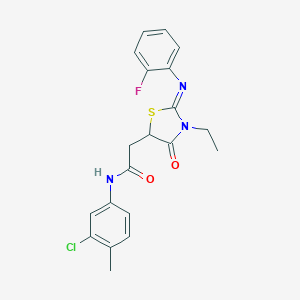 molecular formula C20H19ClFN3O2S B397997 N-(3-chloro-4-methylphenyl)-2-{3-ethyl-2-[(2-fluorophenyl)imino]-4-oxo-1,3-thiazolidin-5-yl}acetamide 