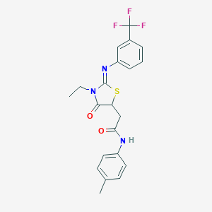 molecular formula C21H20F3N3O2S B397998 2-(3-ethyl-4-oxo-2-{[3-(trifluoromethyl)phenyl]imino}-1,3-thiazolidin-5-yl)-N-(4-methylphenyl)acetamide 