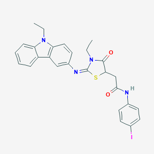 molecular formula C27H25IN4O2S B397999 2-{3-ethyl-2-[(9-ethyl-9H-carbazol-3-yl)imino]-4-oxo-1,3-thiazolidin-5-yl}-N-(4-iodophenyl)acetamide 