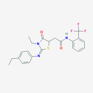 molecular formula C22H22F3N3O2S B398039 2-{3-ethyl-2-[(4-ethylphenyl)imino]-4-oxo-1,3-thiazolidin-5-yl}-N-[2-(trifluoromethyl)phenyl]acetamide 
