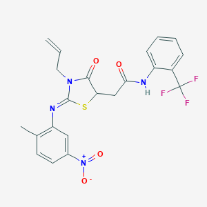 molecular formula C22H19F3N4O4S B398049 2-[3-allyl-2-({5-nitro-2-methylphenyl}imino)-4-oxo-1,3-thiazolidin-5-yl]-N-[2-(trifluoromethyl)phenyl]acetamide 
