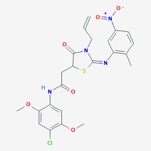 molecular formula C23H23ClN4O6S B398053 2-[3-allyl-2-({5-nitro-2-methylphenyl}imino)-4-oxo-1,3-thiazolidin-5-yl]-N-(4-chloro-2,5-dimethoxyphenyl)acetamide 