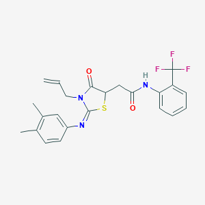 molecular formula C23H22F3N3O2S B398055 2-{3-allyl-2-[(3,4-dimethylphenyl)imino]-4-oxo-1,3-thiazolidin-5-yl}-N-[2-(trifluoromethyl)phenyl]acetamide 
