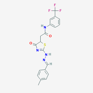 molecular formula C20H17F3N4O2S B398064 2-[2-[(2E)-2-[(4-methylphenyl)methylidene]hydrazinyl]-4-oxo-1,3-thiazol-5-yl]-N-[3-(trifluoromethyl)phenyl]acetamide 