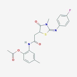 molecular formula C21H20FN3O4S B398070 2-[({2-[(4-Fluorophenyl)imino]-3-methyl-4-oxo-1,3-thiazolidin-5-yl}acetyl)amino]-4-methylphenyl acetate 