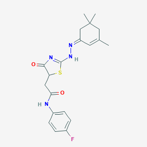 molecular formula C20H23FN4O2S B398100 N-(4-fluorophenyl)-2-[4-oxo-2-[(2Z)-2-(3,5,5-trimethylcyclohex-2-en-1-ylidene)hydrazinyl]-1,3-thiazol-5-yl]acetamide 