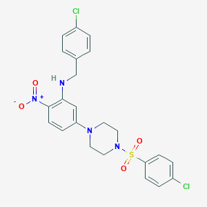 molecular formula C23H22Cl2N4O4S B398193 1-{3-[(4-Chlorobenzyl)amino]-4-nitrophenyl}-4-[(4-chlorophenyl)sulfonyl]piperazine CAS No. 347356-19-8