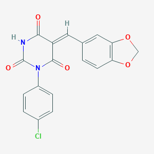 molecular formula C18H11ClN2O5 B398360 5-(1,3-benzodioxol-5-ylmethylene)-1-(4-chlorophenyl)-2,4,6(1H,3H,5H)-pyrimidinetrione 