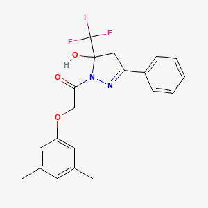 molecular formula C20H19F3N2O3 B3983650 2-(3,5-dimethylphenoxy)-1-[5-hydroxy-3-phenyl-5-(trifluoromethyl)-4,5-dihydro-1H-pyrazol-1-yl]ethanone 