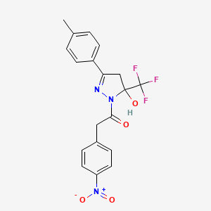 molecular formula C19H16F3N3O4 B3983761 1-[5-hydroxy-3-(4-methylphenyl)-5-(trifluoromethyl)-4H-pyrazol-1-yl]-2-(4-nitrophenyl)ethanone 