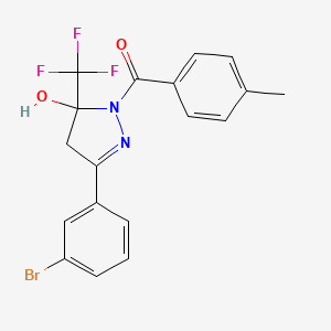 molecular formula C18H14BrF3N2O2 B3983779 3-(3-bromophenyl)-1-(4-methylbenzoyl)-5-(trifluoromethyl)-4,5-dihydro-1H-pyrazol-5-ol 