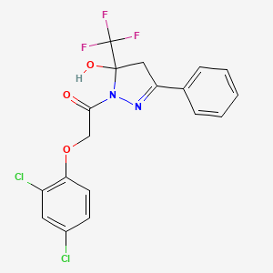 molecular formula C18H13Cl2F3N2O3 B3983945 2-(2,4-dichlorophenoxy)-1-[5-hydroxy-3-phenyl-5-(trifluoromethyl)-4H-pyrazol-1-yl]ethanone 