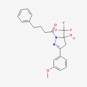 molecular formula C21H21F3N2O3 B3984060 3-(3-methoxyphenyl)-1-(4-phenylbutanoyl)-5-(trifluoromethyl)-4,5-dihydro-1H-pyrazol-5-ol 