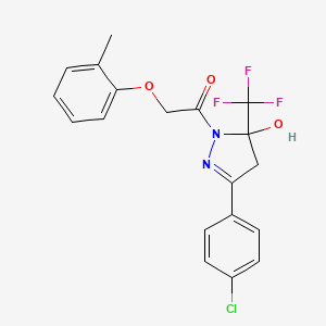 molecular formula C19H16ClF3N2O3 B3984379 1-[3-(4-Chlorophenyl)-5-hydroxy-5-(trifluoromethyl)-4,5-dihydro-1H-pyrazol-1-YL]-2-(2-methylphenoxy)ethan-1-one 