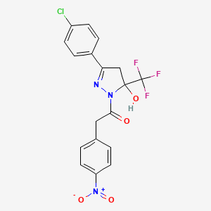 molecular formula C18H13ClF3N3O4 B3984384 1-[3-(4-chlorophenyl)-5-hydroxy-5-(trifluoromethyl)-4H-pyrazol-1-yl]-2-(4-nitrophenyl)ethanone 