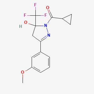 molecular formula C15H15F3N2O3 B3984759 1-(cyclopropylcarbonyl)-3-(3-methoxyphenyl)-5-(trifluoromethyl)-4,5-dihydro-1H-pyrazol-5-ol 