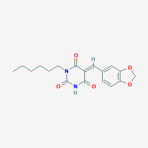 molecular formula C18H20N2O5 B398594 5-(1,3-benzodioxol-5-ylmethylene)-1-hexyl-2,4,6(1H,3H,5H)-pyrimidinetrione 