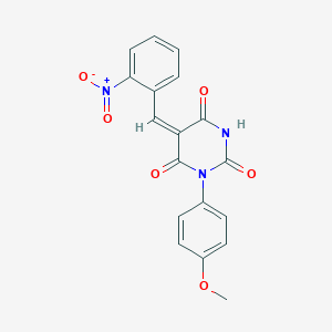 molecular formula C18H13N3O6 B398604 5-{2-nitrobenzylidene}-1-(4-methoxyphenyl)-2,4,6(1H,3H,5H)-pyrimidinetrione 