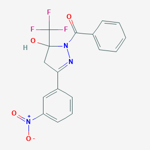 molecular formula C17H12F3N3O4 B398750 1-benzoyl-3-{3-nitrophenyl}-5-(trifluoromethyl)-4,5-dihydro-1H-pyrazol-5-ol 