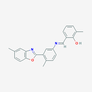 molecular formula C23H20N2O2 B398801 2-Methyl-6-({[4-methyl-3-(5-methyl-1,3-benzoxazol-2-yl)phenyl]imino}methyl)phenol 