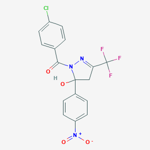 molecular formula C17H11ClF3N3O4 B398848 1-(4-chlorobenzoyl)-5-{4-nitrophenyl}-3-(trifluoromethyl)-4,5-dihydro-1H-pyrazol-5-ol 