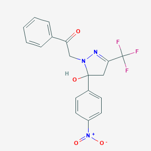 molecular formula C18H14F3N3O4 B398851 2-[5-hydroxy-5-{4-nitrophenyl}-3-(trifluoromethyl)-4,5-dihydro-1H-pyrazol-1-yl]-1-phenylethanone 